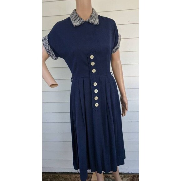 50s Mohair Collar Cuffs Dress Dark Blue Vintage S - Picture 9 of 10